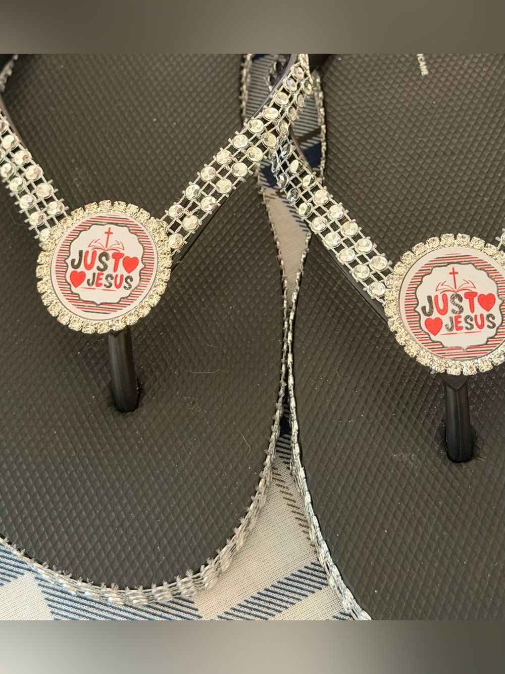 “Just ♥ Jesus” Rhinestone Black Flip Flops
